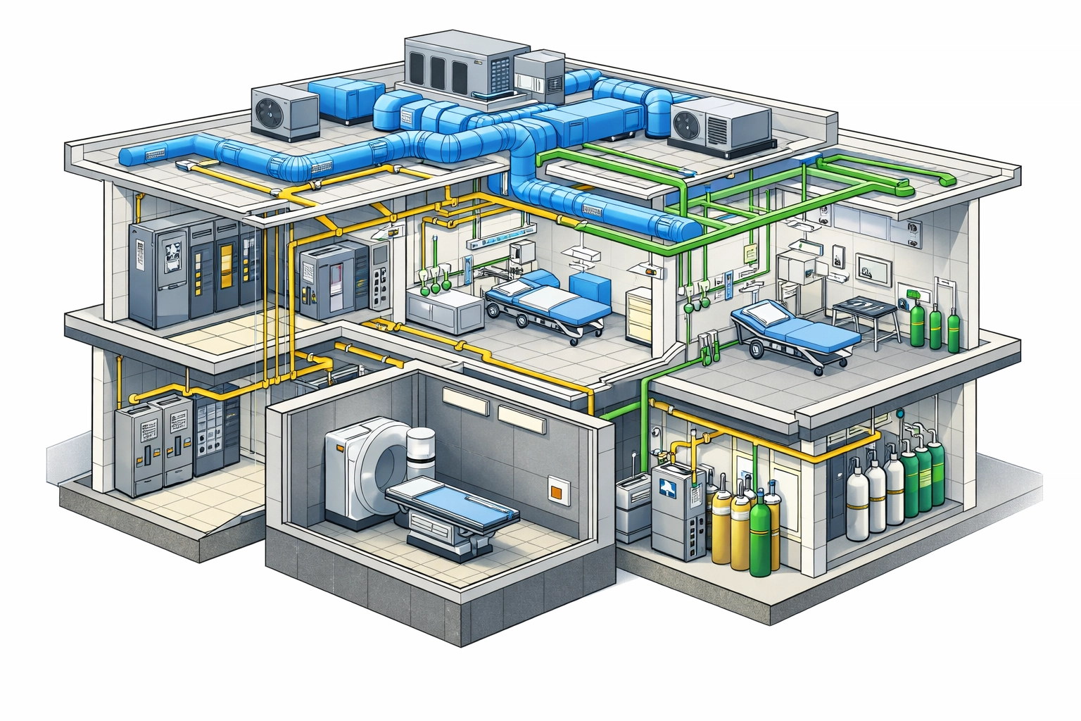 Medical office building infrastructure showing specialized HVAC, electrical, and medical gas systems