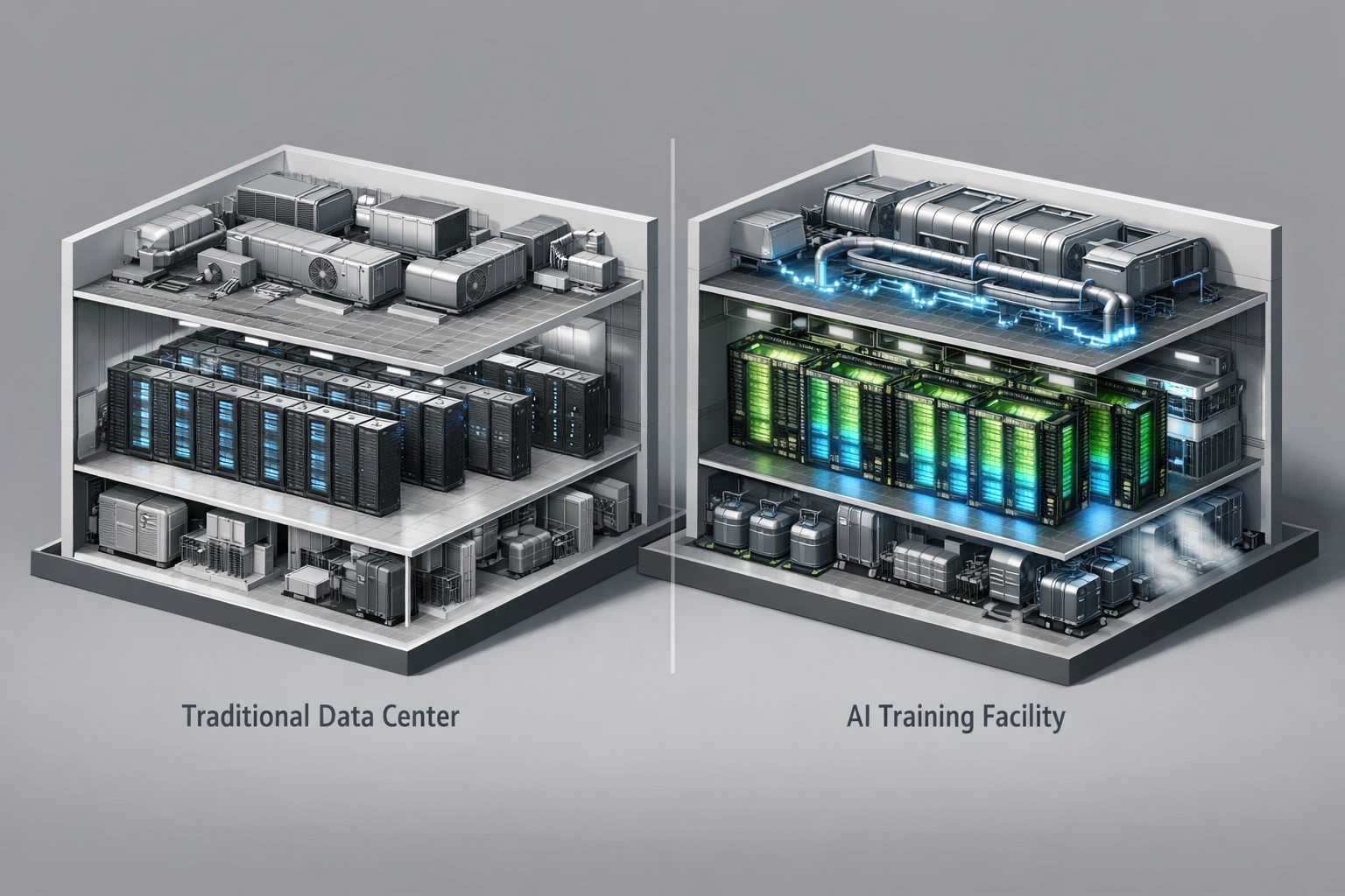 Comparison of traditional data center versus AI training facility infrastructure requirements