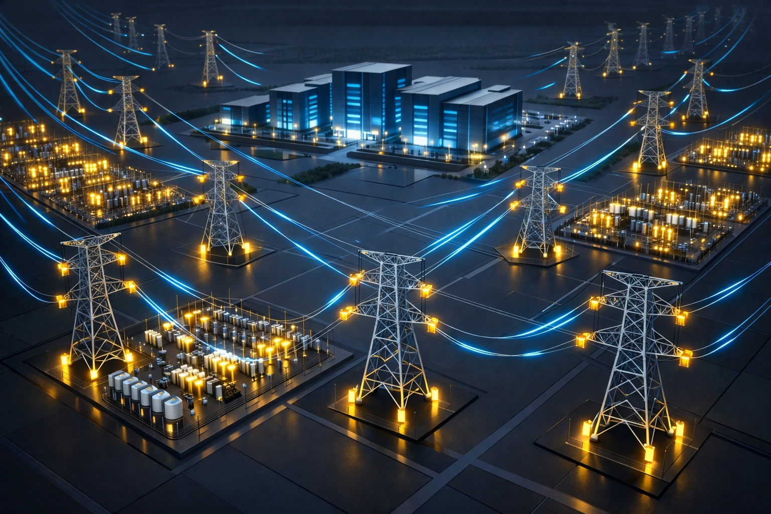 High-voltage power grid connecting to data center campus showing electrical capacity constraints