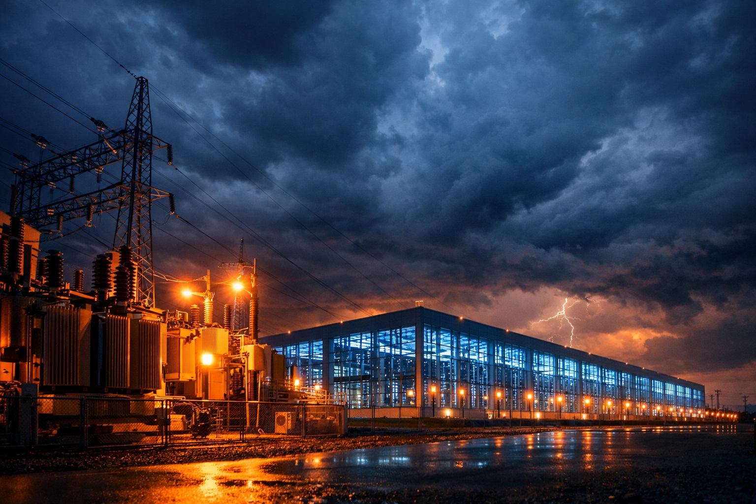 Modern data center facility with power infrastructure at dusk illustrating AI supercycle growth