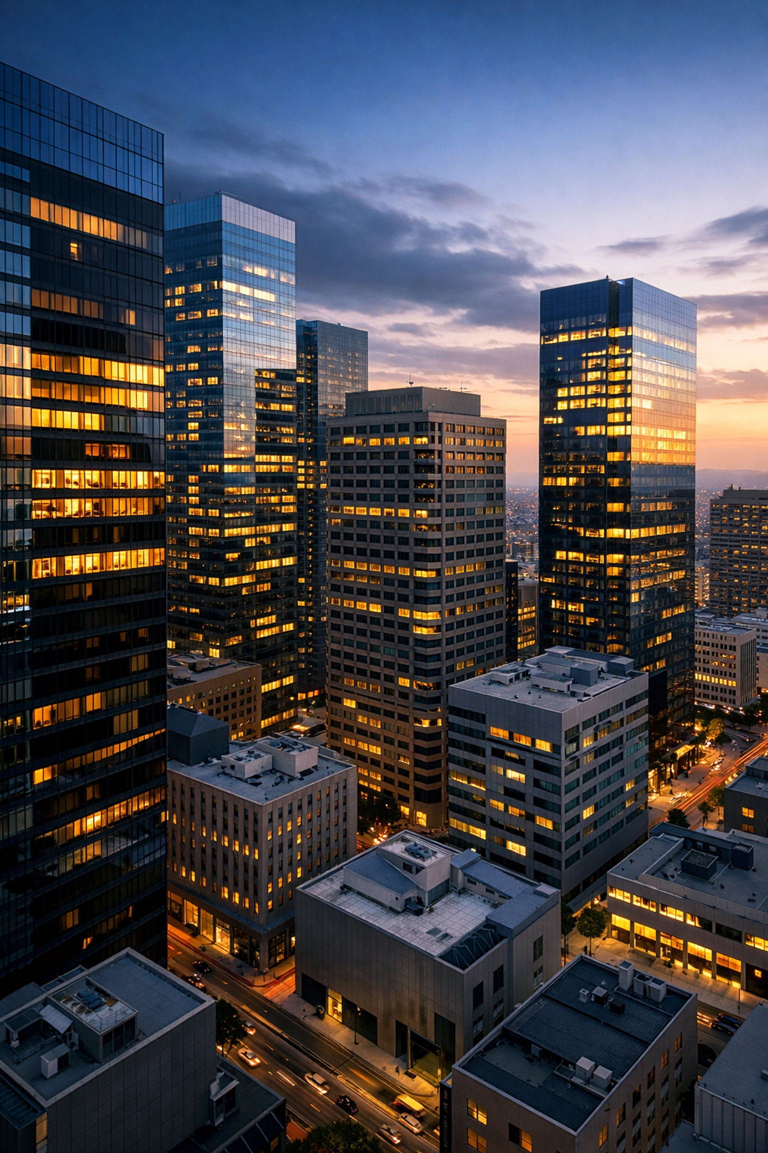 Downtown office buildings showing mixed occupancy in commercial real estate distress market