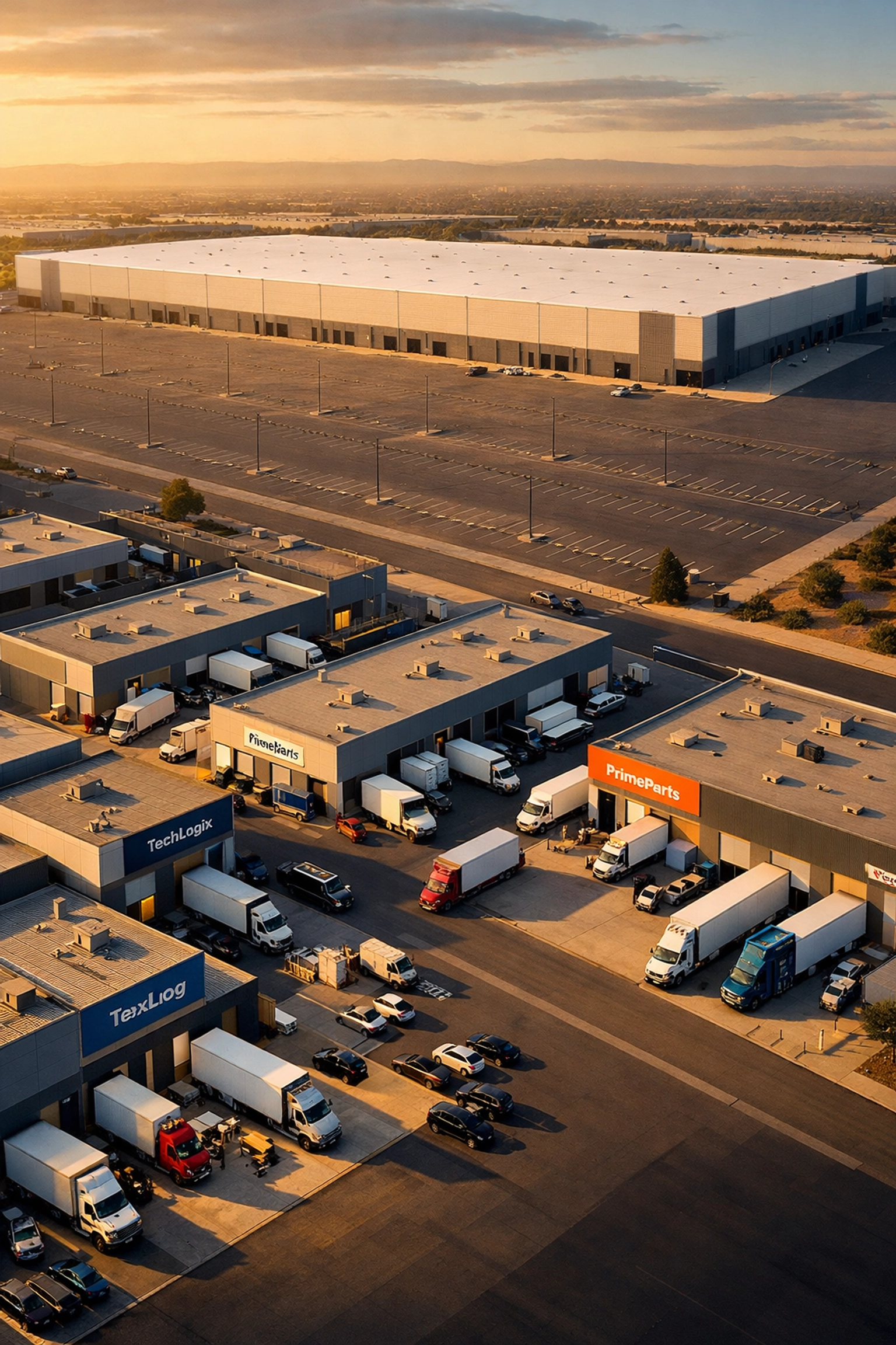 Aerial view contrasting occupied small-bay industrial buildings with vacant big-box warehouse facility