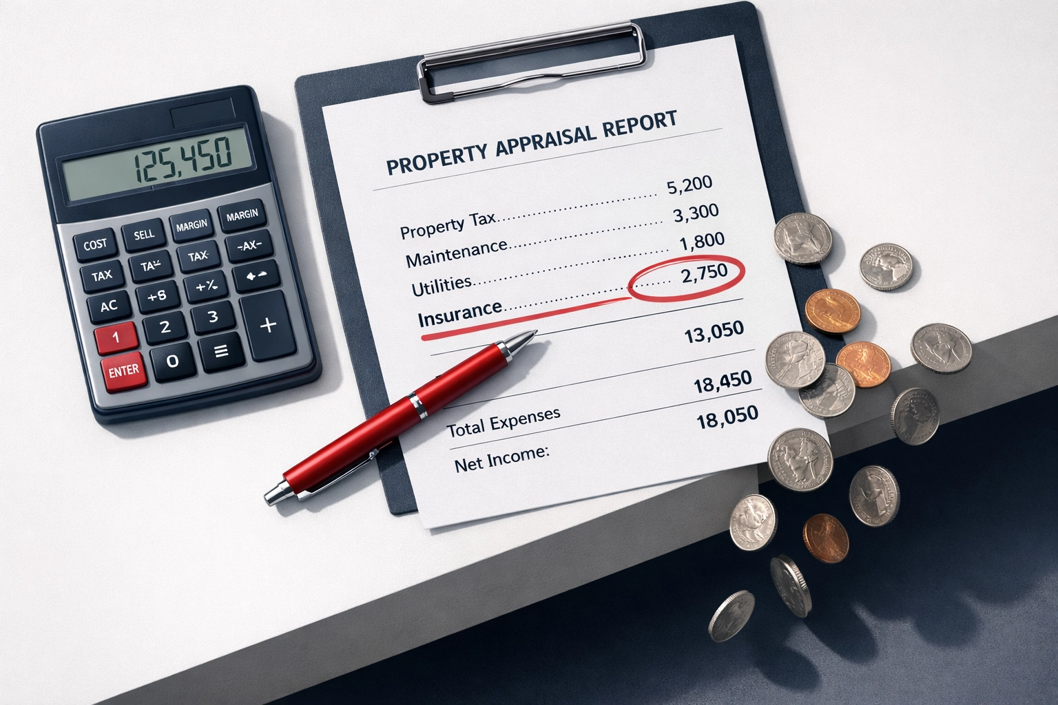 Commercial real estate appraisal document highlighting insurance expense line item growth