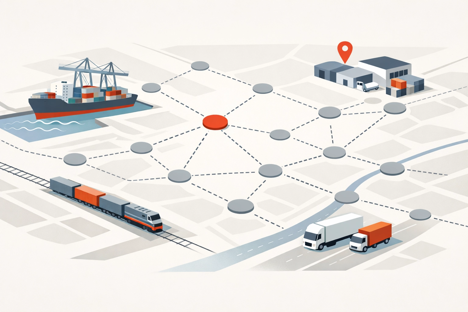 Institutional illustration of a resilient industrial supply chain network across ports, rail, and distribution hubs.