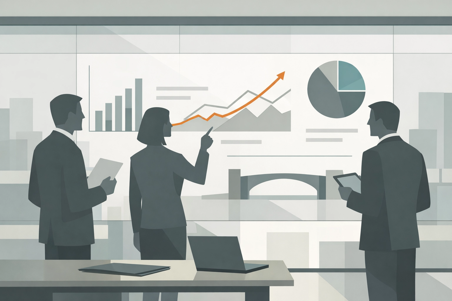 Institutional research team environment analyzing private credit and bridge loan underwriting in a modern office setting.
