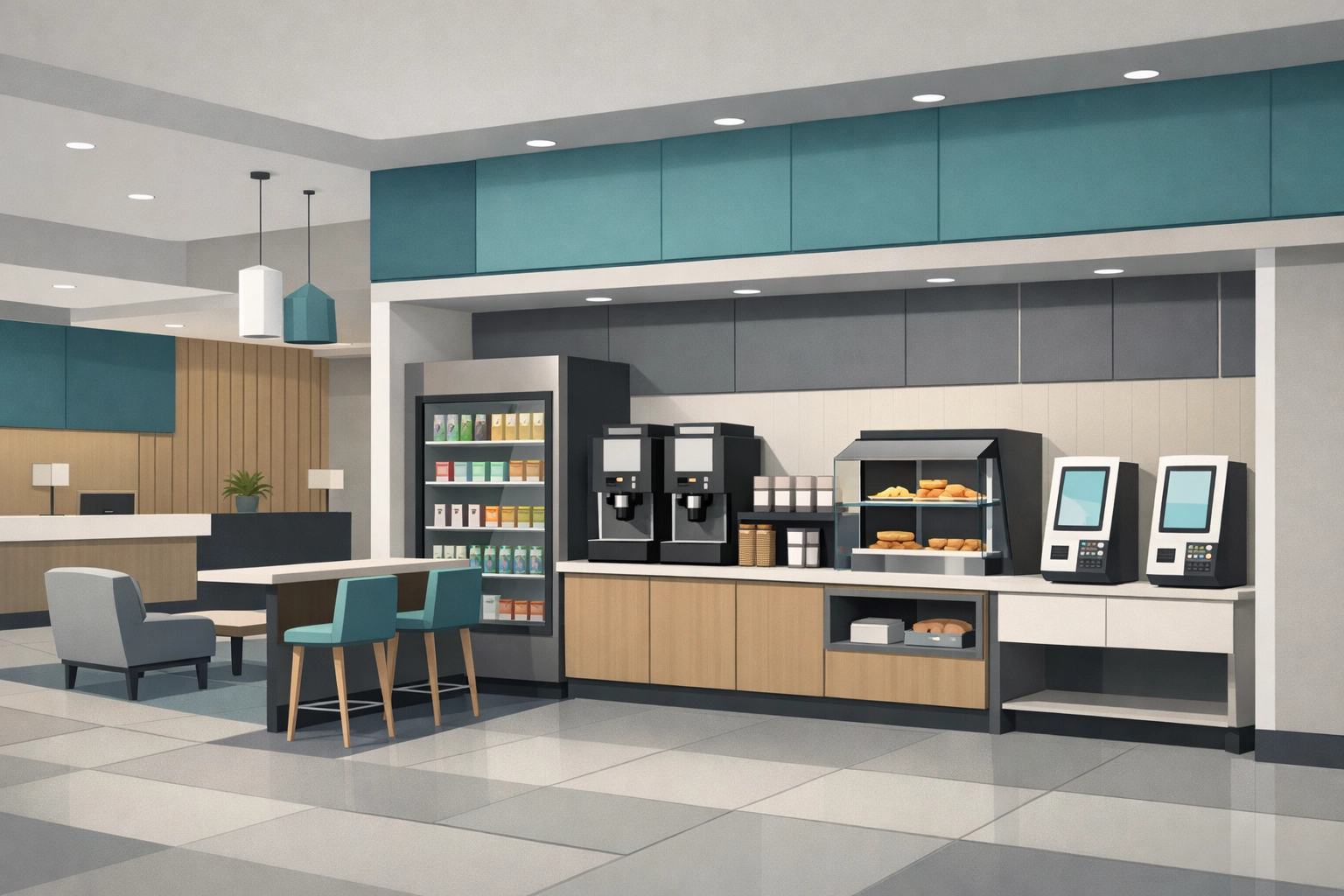 Modern select-service hotel lobby with a streamlined food kiosk demonstrating operational efficiency.