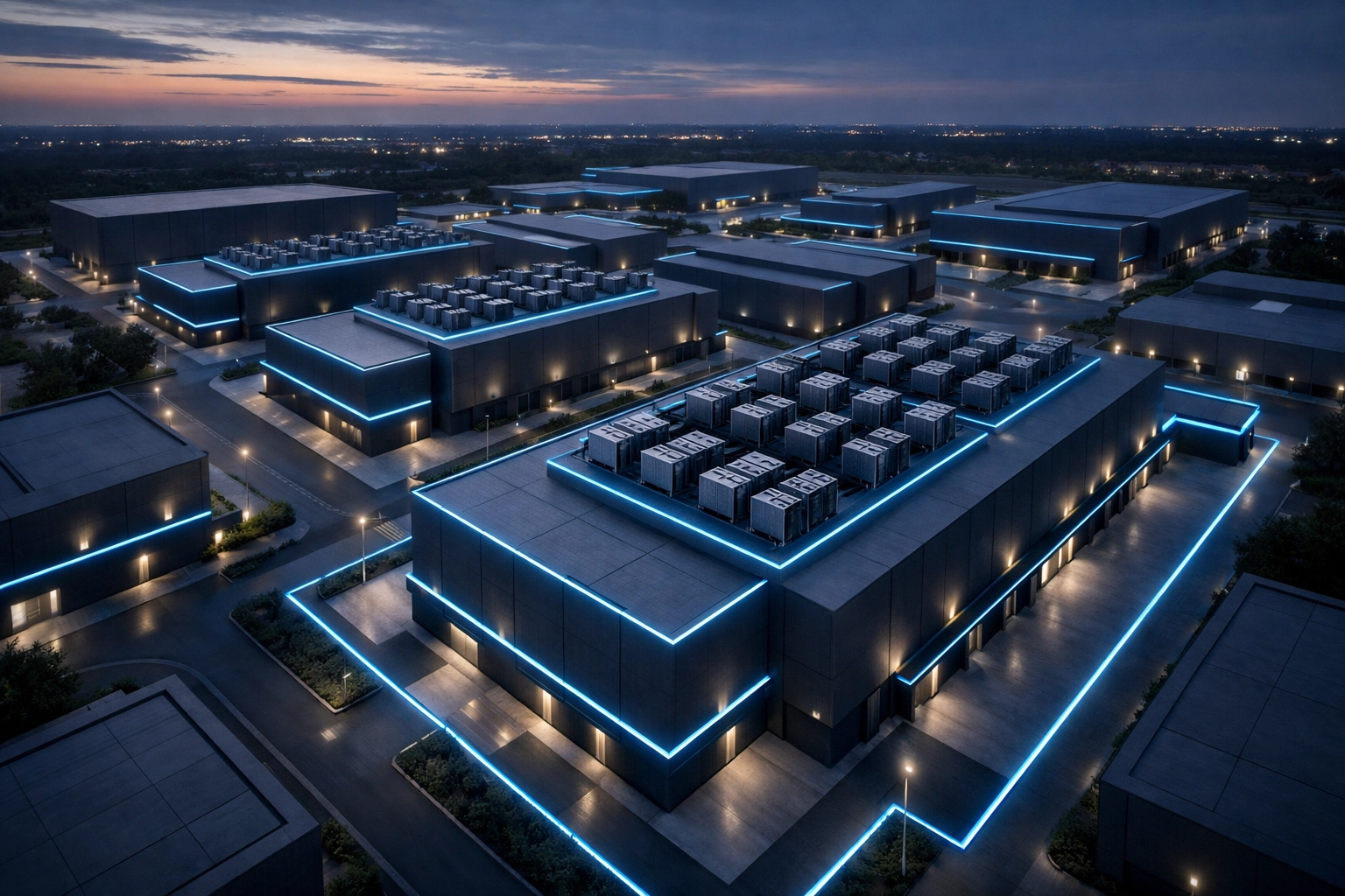 Aerial view of a modern hyperscale data center campus representing global AI infrastructure power capacity.