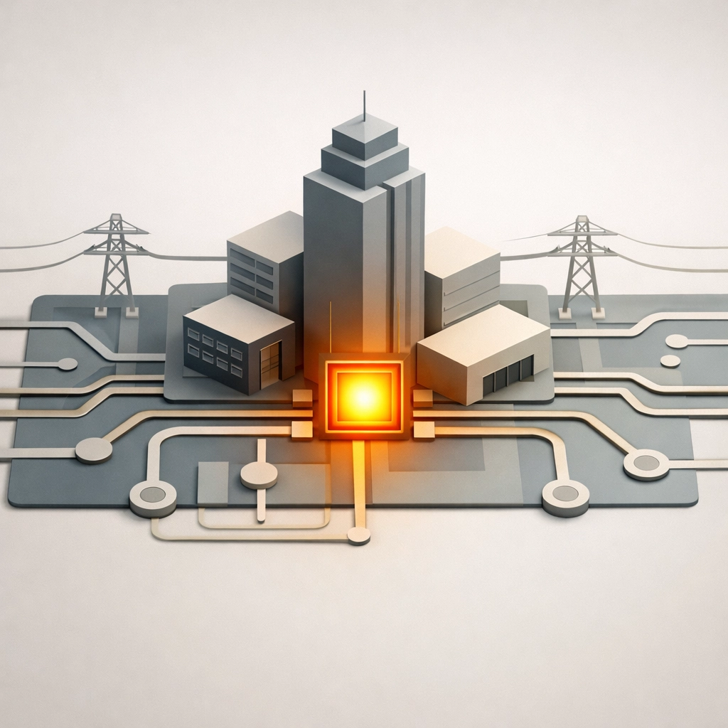 Abstract concept of a commercial data center building integrated with the local electrical power grid.
