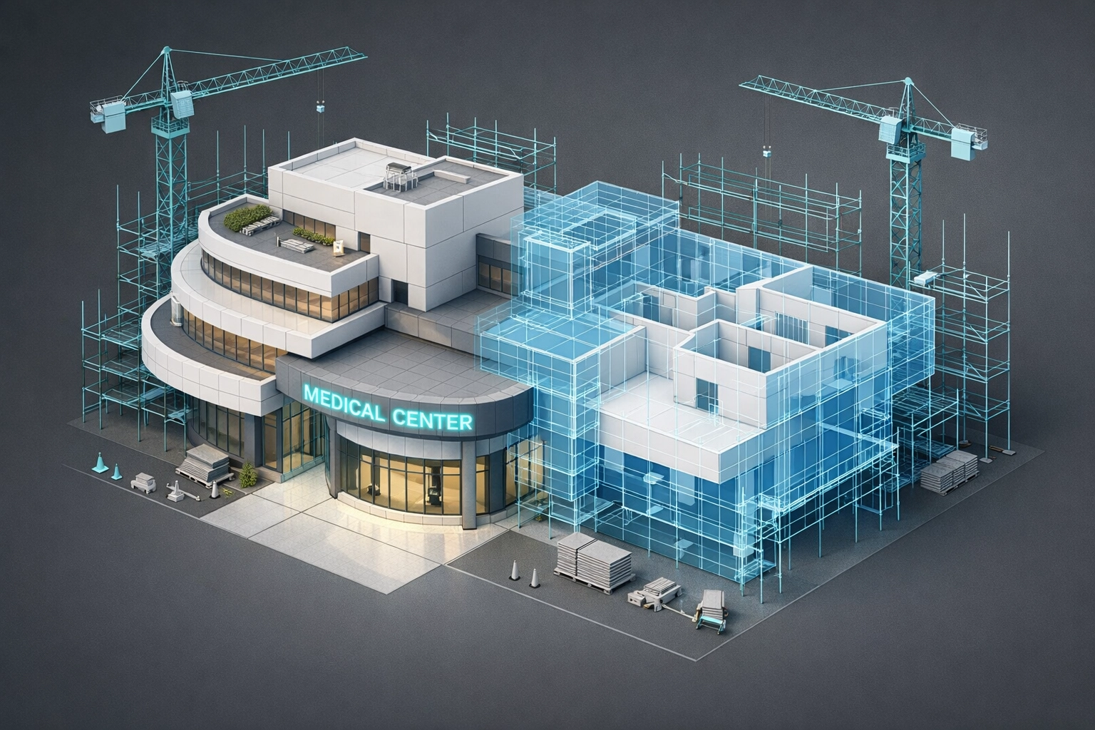 Modern medical outpatient building construction site representing the decline in healthcare real estate supply.