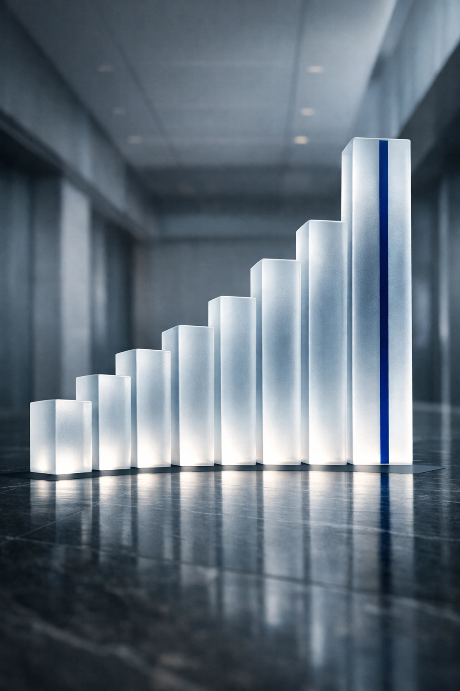 Upward-sloping glass pillars representing the recovery and velocity of commercial real estate capital markets.