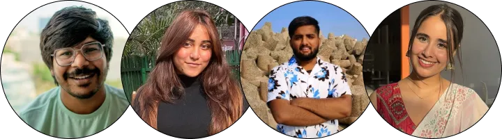 Four portraits of diverse young adults in circular frames: a man with glasses and a mustache smiling outdoors, a woman with long brown hair in black top near greenery, a man with beard and folded arms wearing a white shirt with blue flowers standing by rocks, and a woman smiling in traditional attire with large earrings.