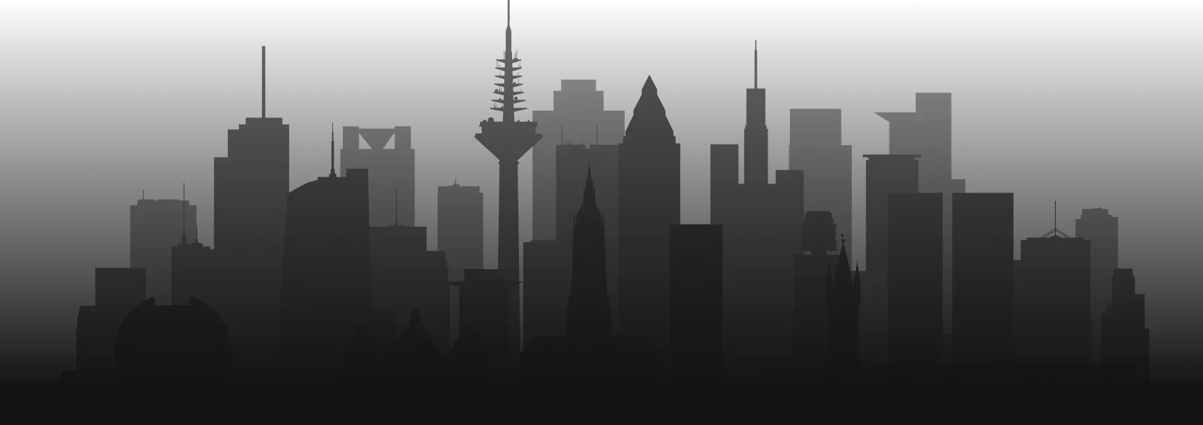 Black and gray silhouette of a city skyline featuring various modern and traditional buildings against a dark background.