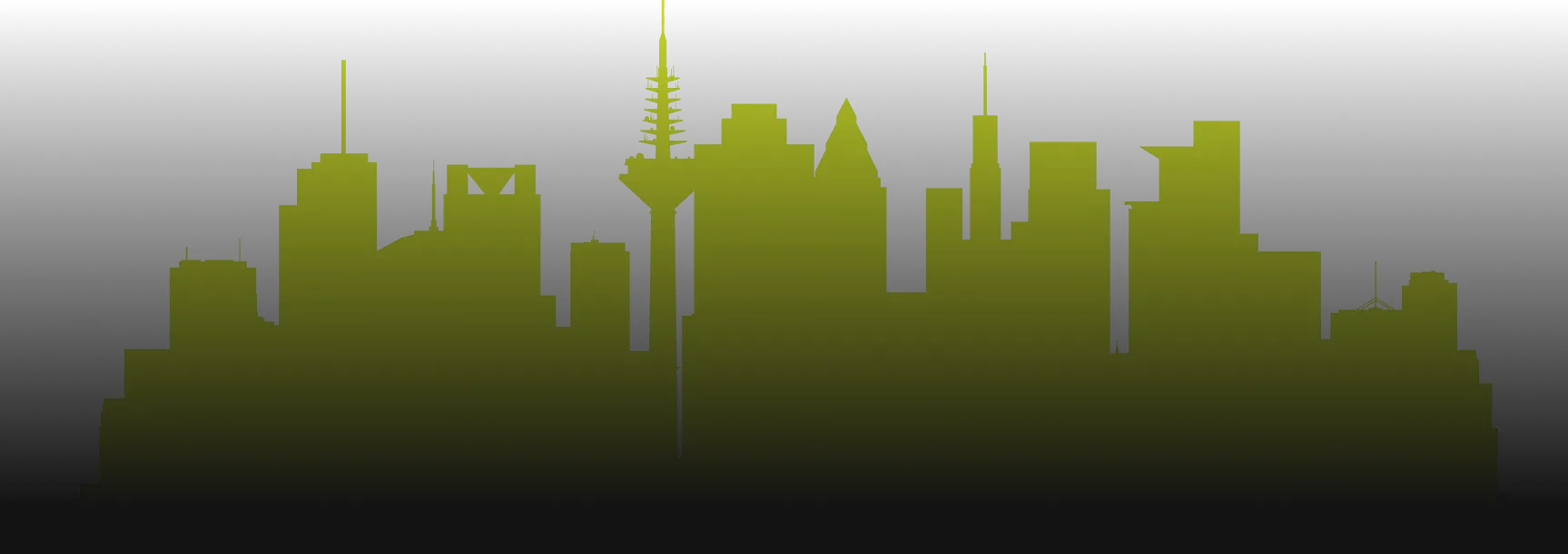 Silhouette of a city skyline with various tall buildings and towers in a gradient yellow-green color on a black background.