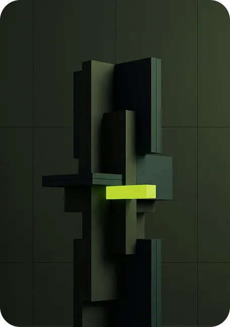Vertical abstract sculpture made of tall rectangular blocks in dark green shades with one horizontal neon yellow block, set against a dark green tiled wall.
