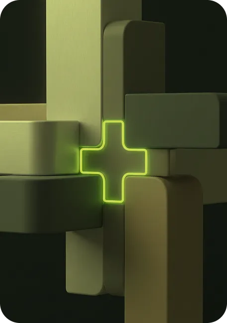 Abstract composition of overlapping rectangular blocks in shades of olive green with a glowing neon green plus sign in the center.