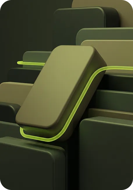 Abstract arrangement of rounded rectangular blocks in various shades of green and olive with one block highlighted by a glowing yellow-green neon outline.