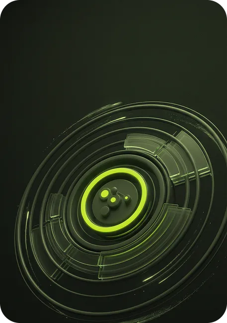 Abstract digital green circular interface with concentric rings and glowing center elements on a dark background.