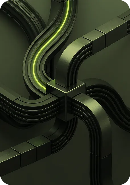 Dark green abstract 3D pipes intersecting and connecting in a complex arrangement with one pipe glowing neon green inside.