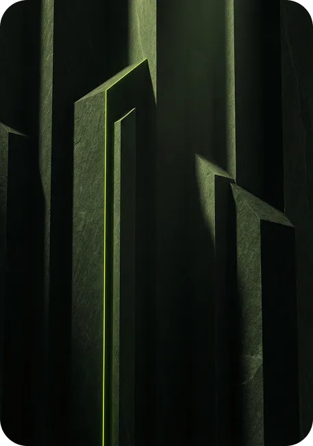 Tall, dark, abstract stone-like pillars with smooth surfaces and a vertical neon green outline highlighting one central pillar.