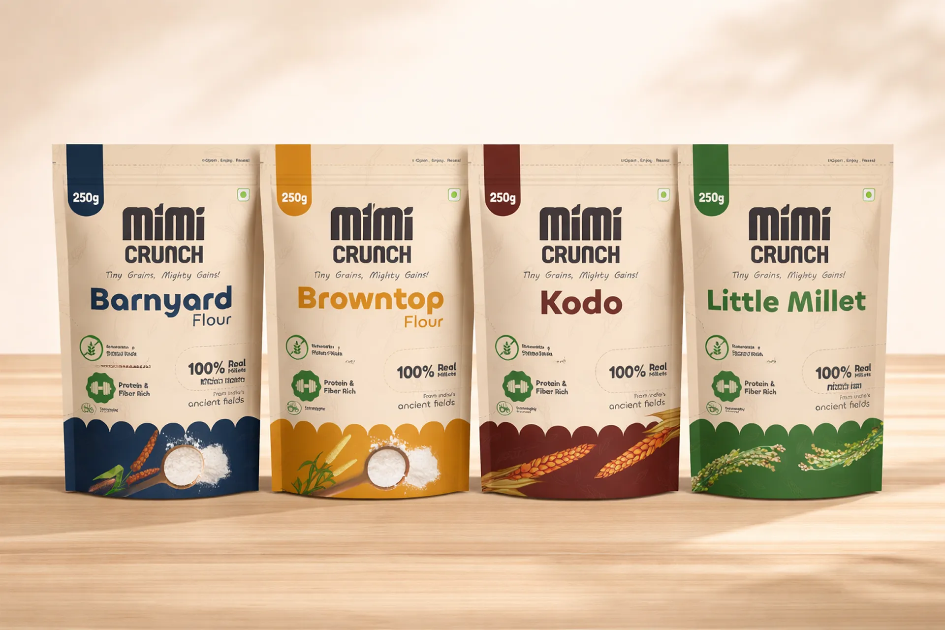 Four 250g packages of Mimi Crunch flour varieties: Barnyard in blue, Browntop in orange, Kodo in brown, and Little Millet in green, each labeled as 100% real millets from ancient fields and protein and fiber rich.