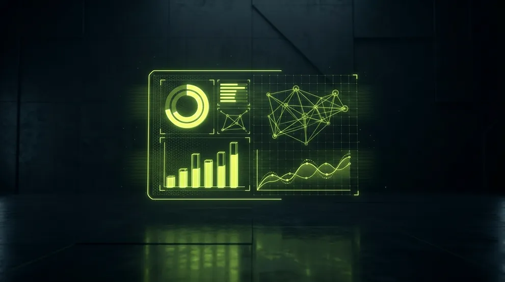 Glowing neon green digital interface displaying various charts and graphs, including a pie chart, bar graph, line graph, and a network graph with connected nodes, set against a dark background with reflective floor.