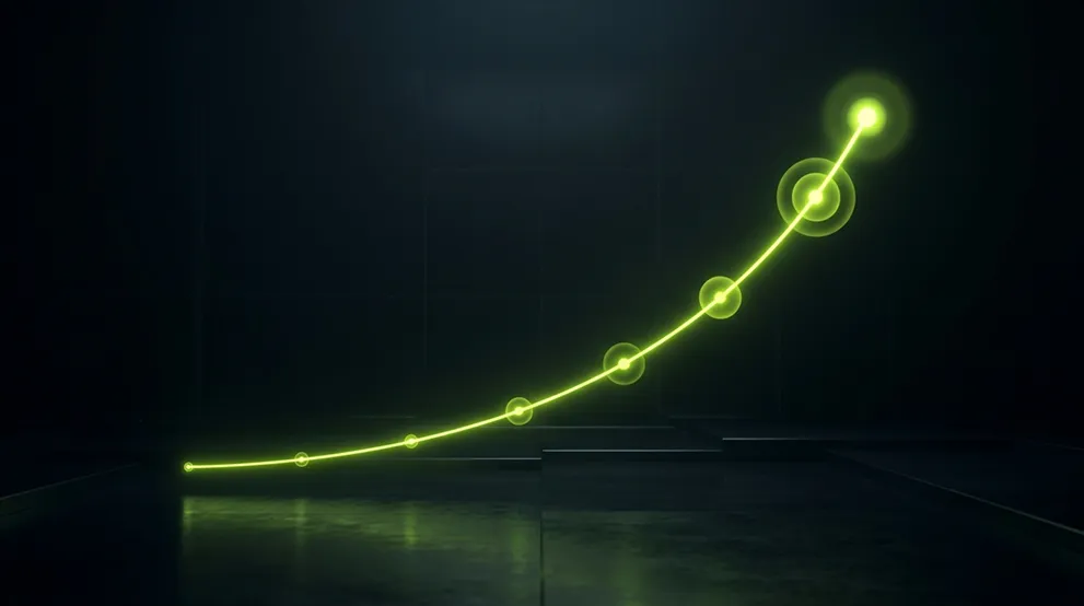 Glowing neon green upward-curving line graph against a dark background with circular data points increasing in size toward the top right.