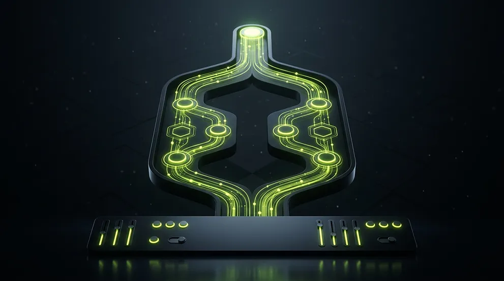 Glowing green circuit pathways forming a symmetrical, abstract tree-like shape above a control panel with sliders and buttons on a dark reflective surface.