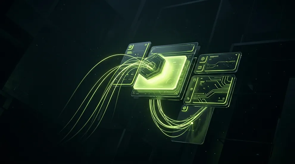 Futuristic digital interface with glowing green circuit-like graphics and connected translucent panels floating in a dark space.