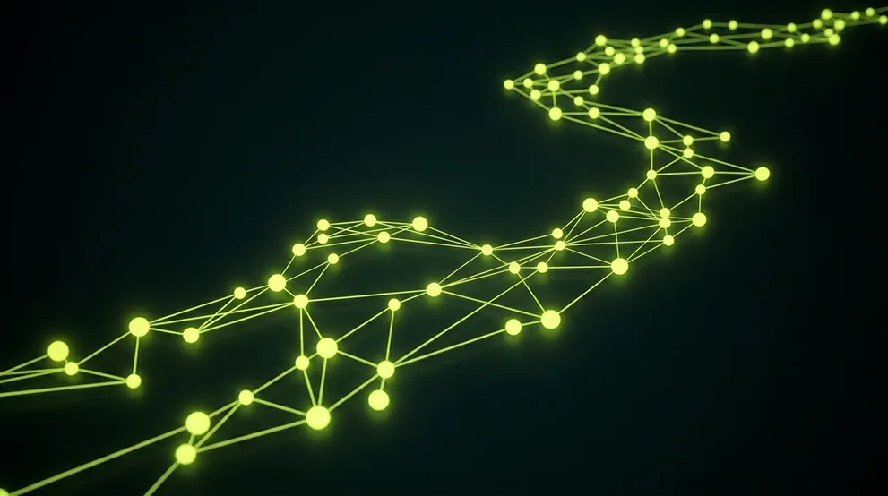A glowing network of yellow-green connected nodes and lines forming a curved, flowing structure on a dark background.