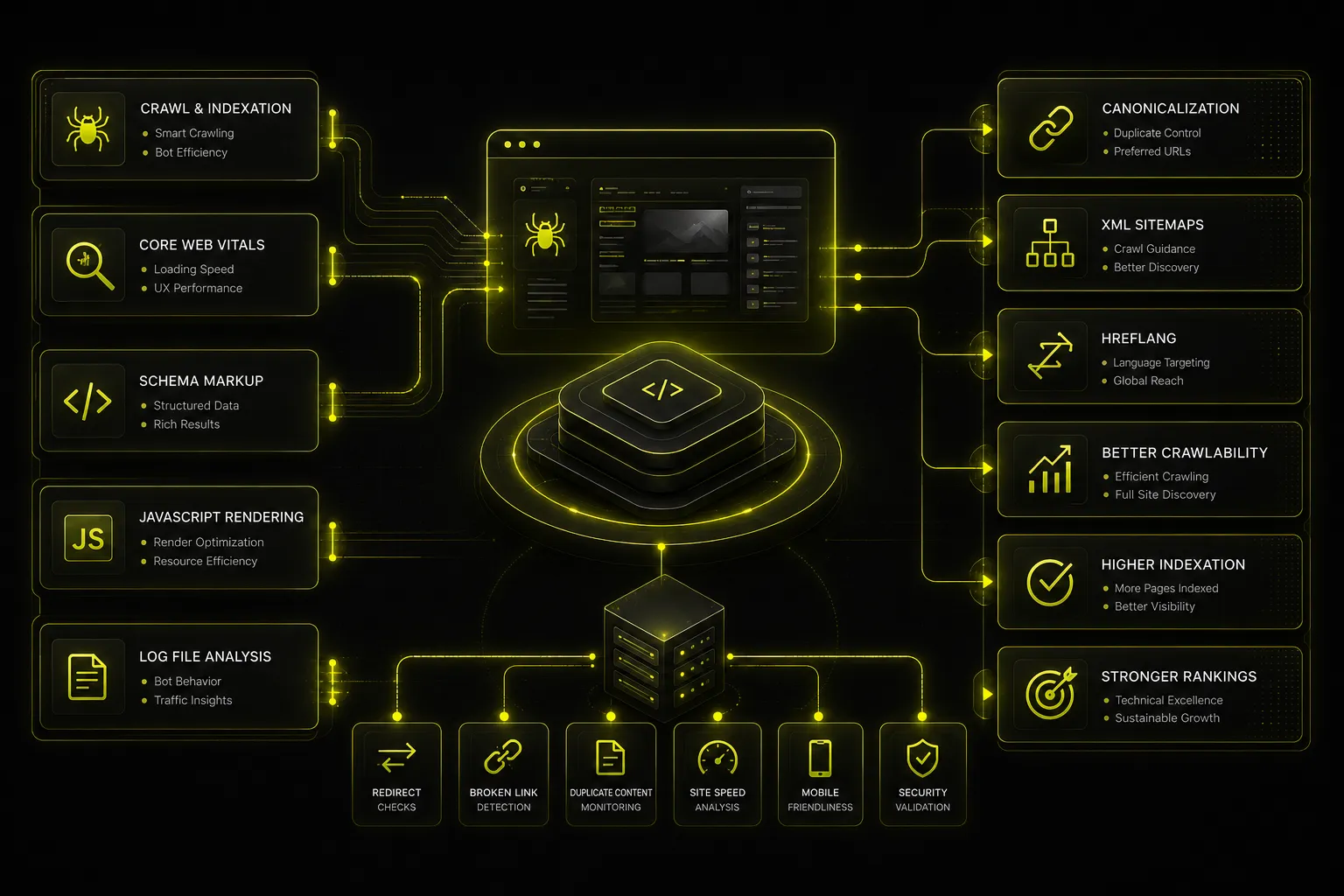 Diagram showing website SEO process with a central code icon on layered squares linked to crawl & indexation, core web vitals, schema markup, JavaScript rendering, and log file analysis on the left, and canonicalization, XML sitemaps, hreflang, better crawlability, higher indexation, and stronger rankings on the right, each with their specific subpoints, plus server icons at the bottom representing redirect checks, broken link detection, duplicate content monitoring, site speed analysis, mobile friendliness, and security validation.