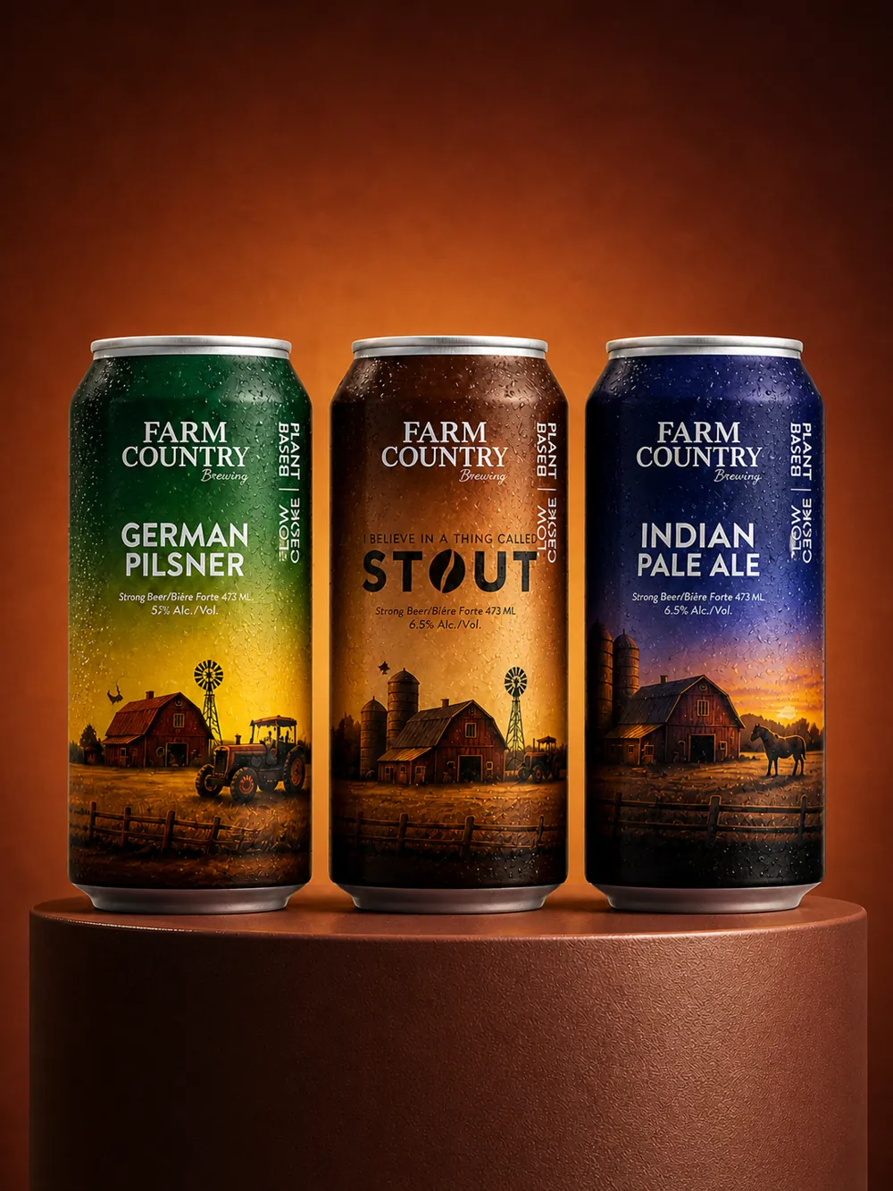 Farm Country Brewing beer can designs: German Pilsner, Stout and Indian Pale Ale