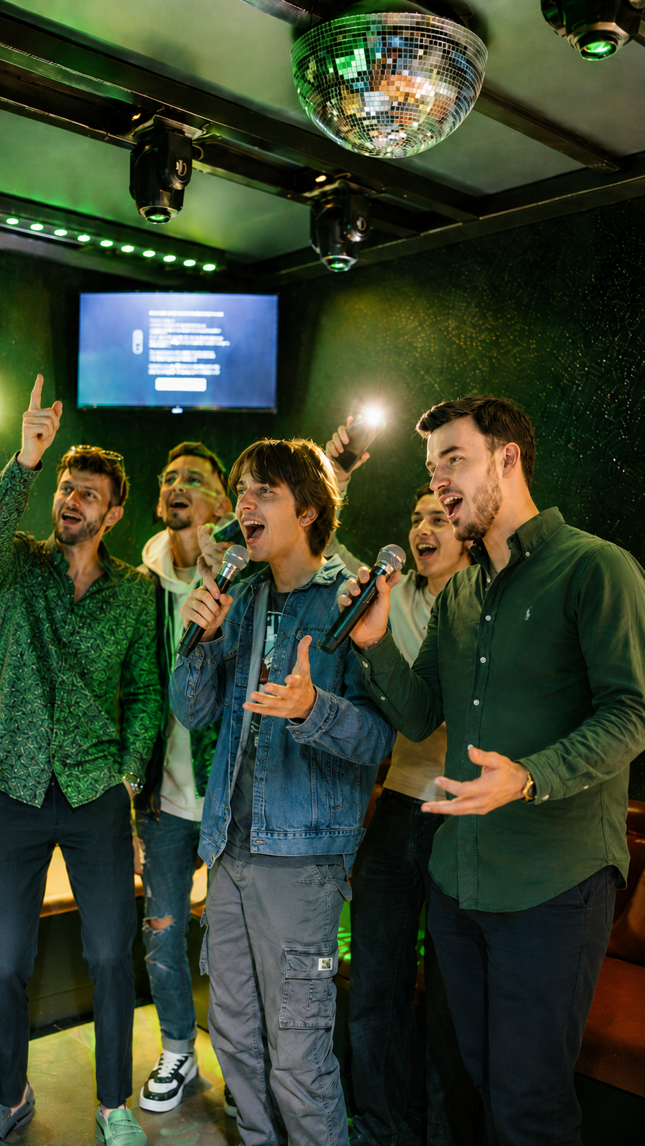 Groupe d'amis chantant ensemble au karaoké ZOGA (photo temporaire, à confirmer)