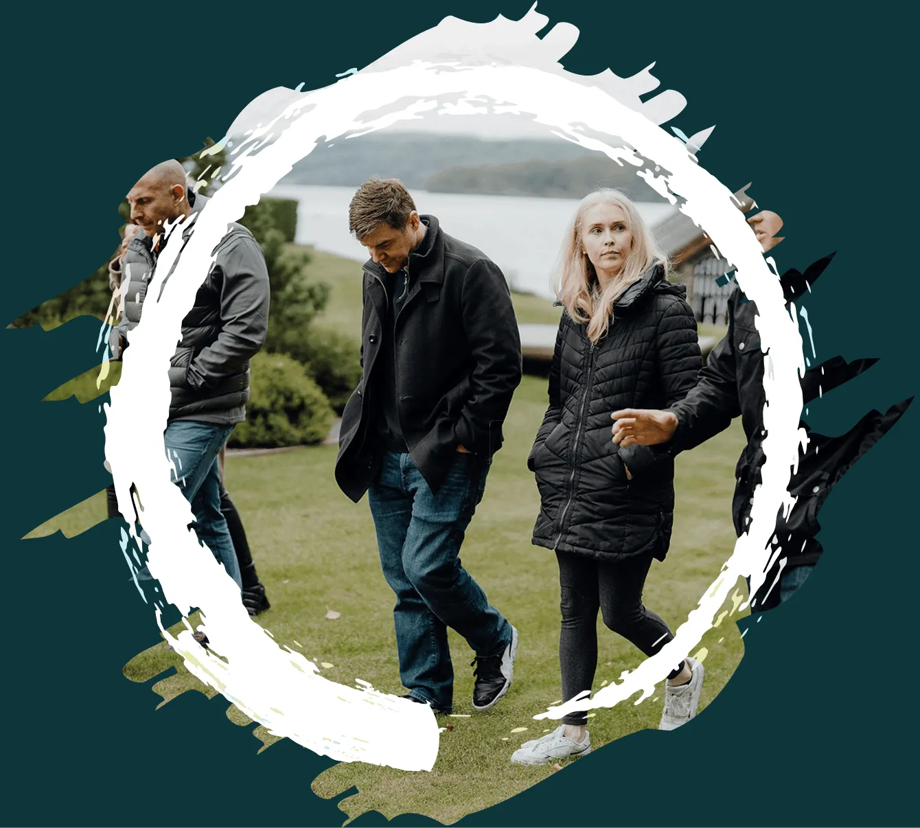 A group of retreat members taking a walk in Lake windermere
