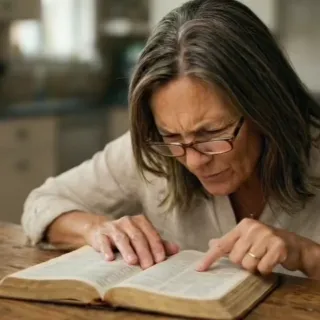 Woman squinting to read small print in her Bible