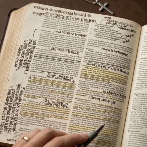 Notes crammed into the tight margins of a Bible