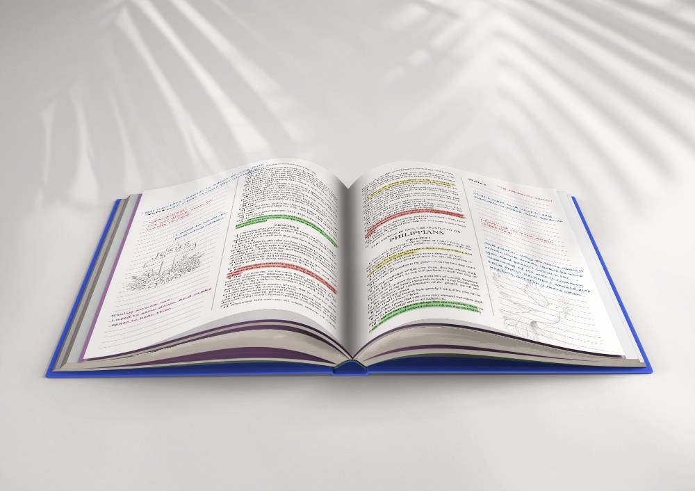 Perfect Bible open, showing highlighted verses and handwritten notes in the wide margins