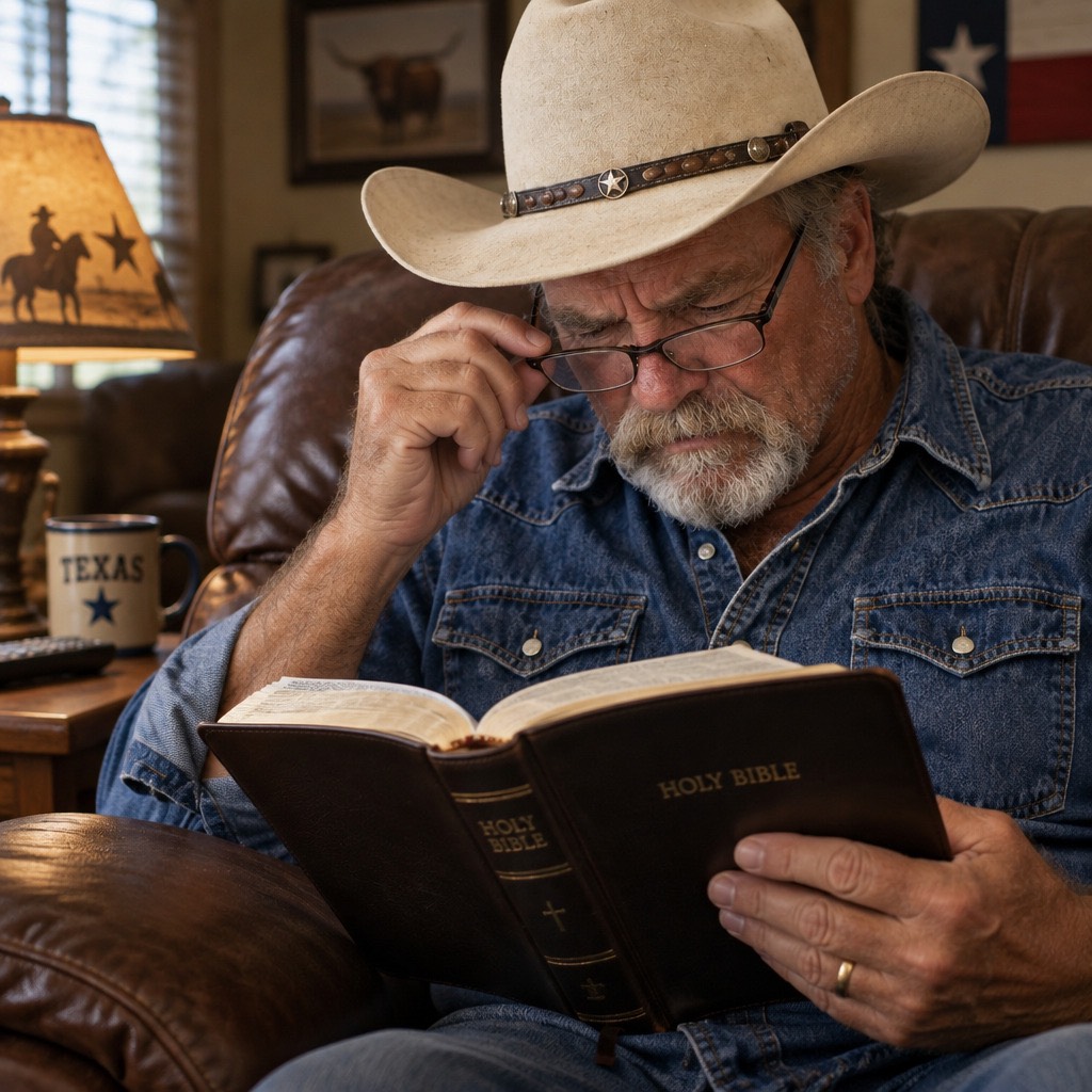 Woman squinting to read small print in her Bible