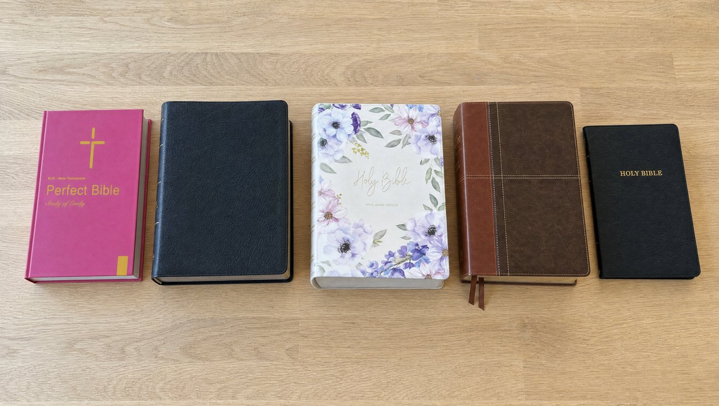 The 5 large print Bibles we compared, side by side on a table