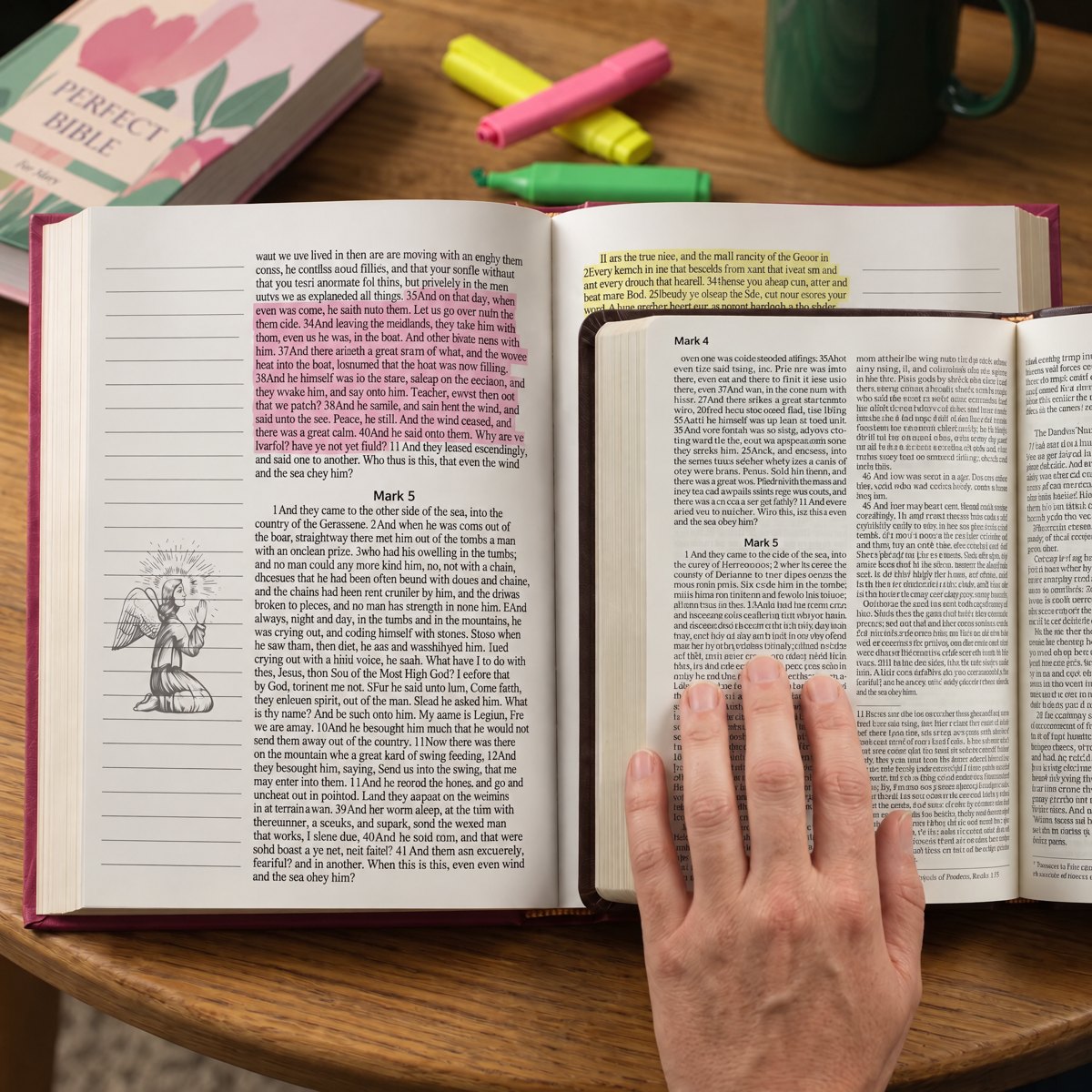 A large print Bible open next to a regular small print Bible