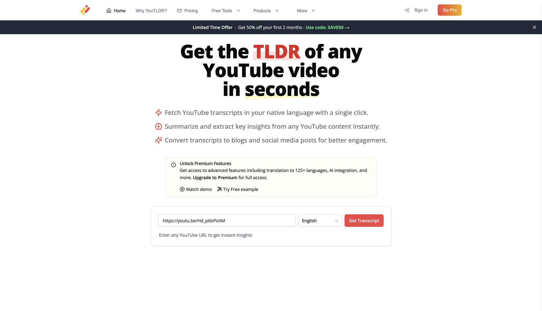 YouTLDR: Summarizes long YouTube videos into concise text.