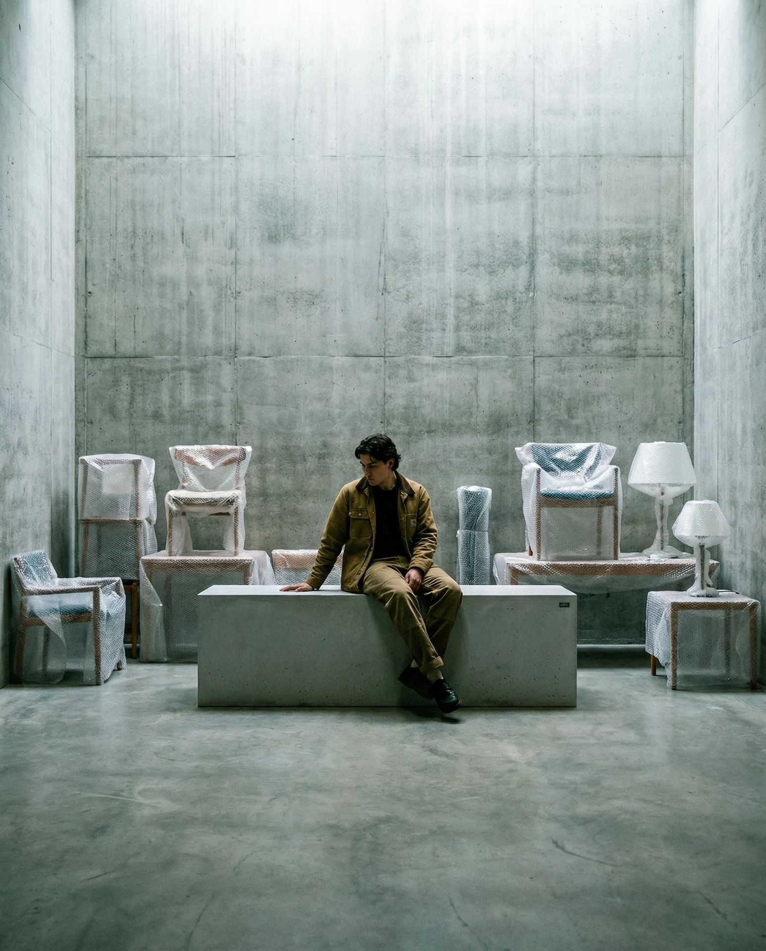 Ein Mann sitzt auf dem geschlossenen Betonblock CORE in einem Atelier mit Stühlen und hohen Betonwänden.