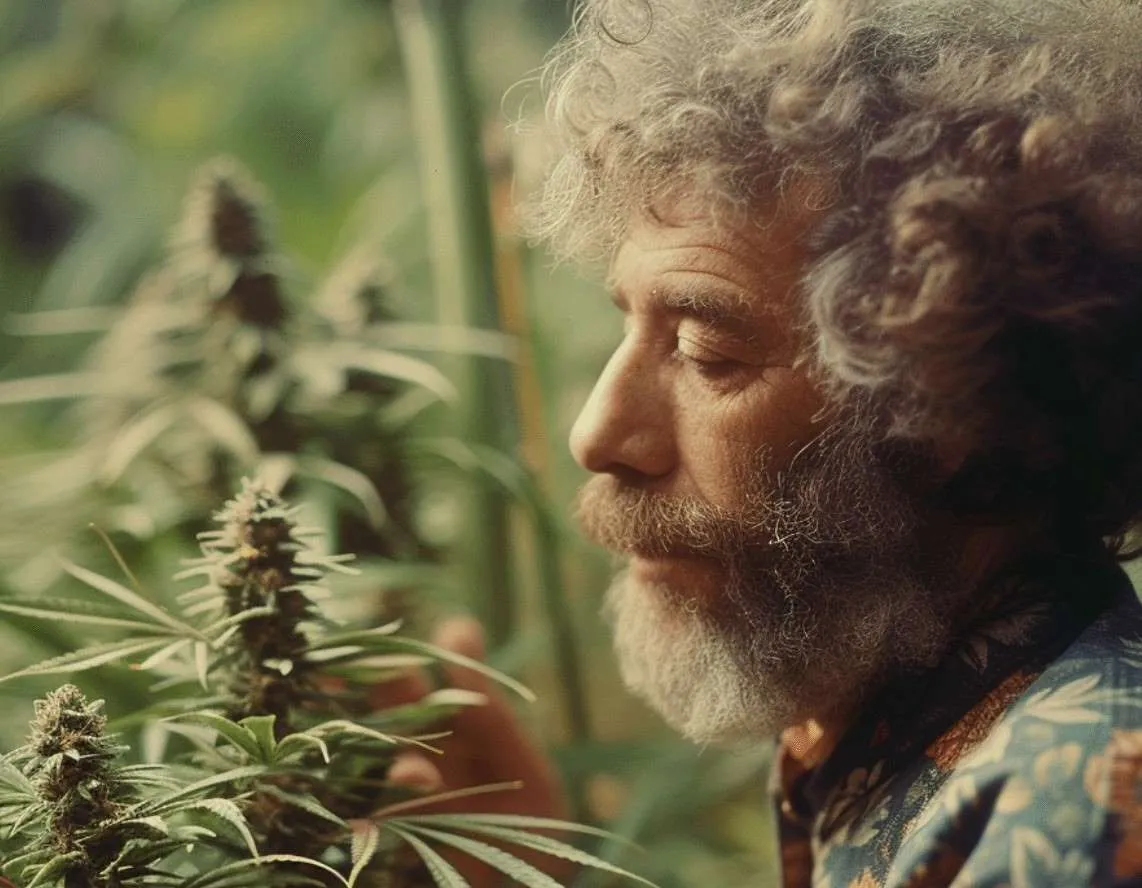 Ein alter Mann steht vor einer Cannabispflanze bedeutend für die Harmonie