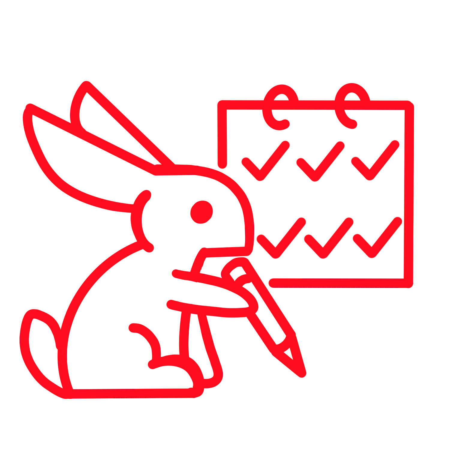 Red line art of a rabbit writing with a pencil in front of a calendar filled with checkmarks.