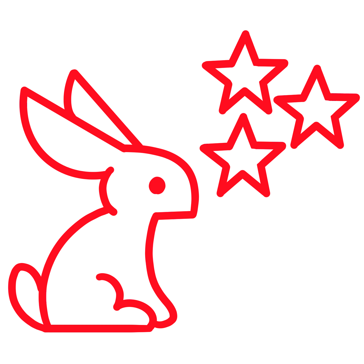 Red line art of a rabbit looking at three floating stars, representing inspiration or creativity.