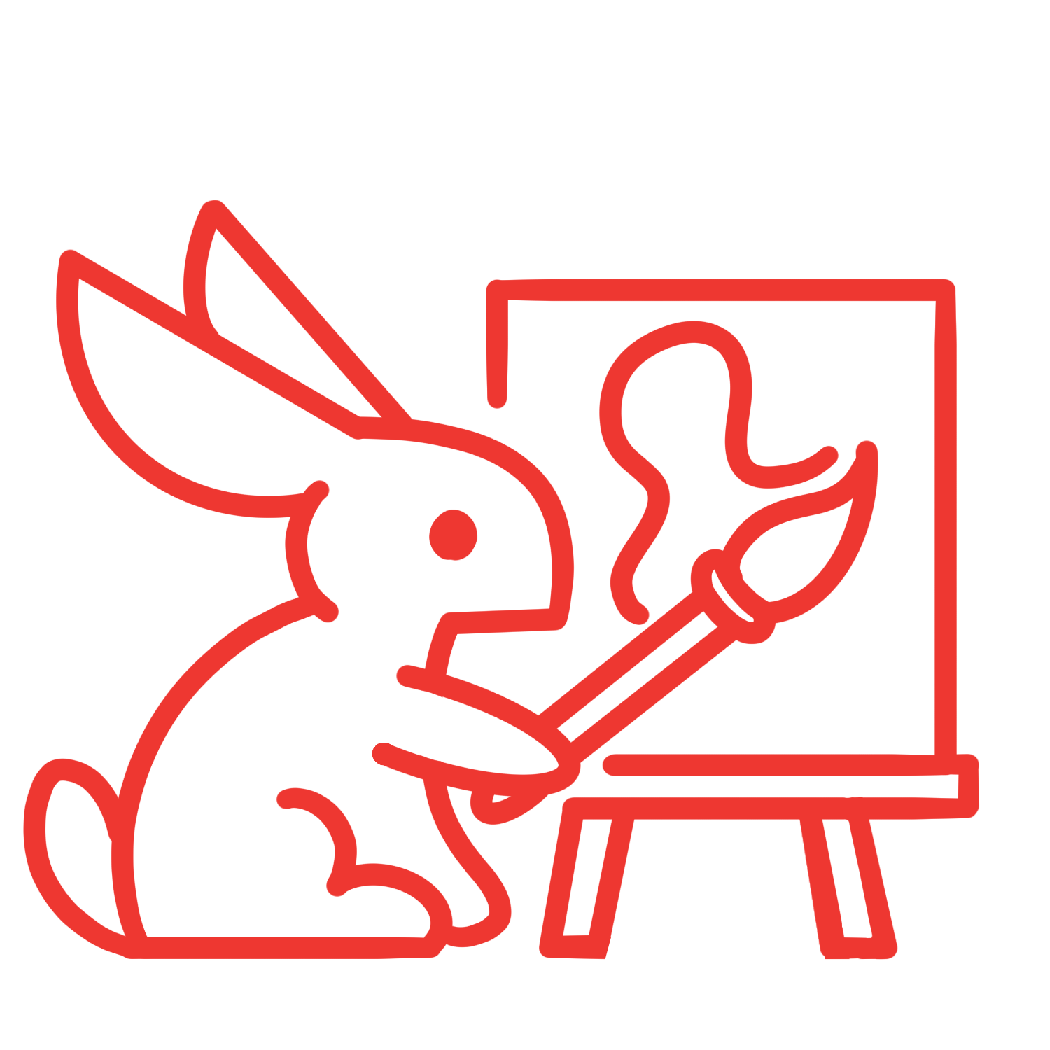 Red line art of a rabbit painting on a canvas with a large paintbrush, creating an abstract shape.