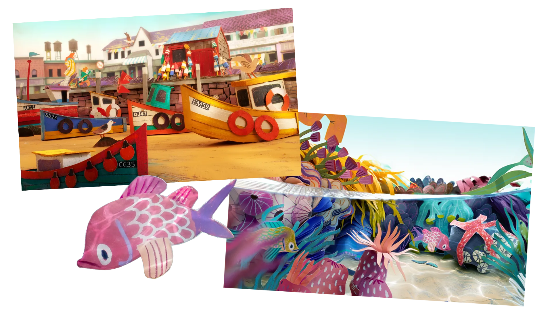Mixed paper diorama showing colorful harbor boats docked at a wharf, alongside a vibrant underwater coral scene with seaweed, starfish, and fish made of paper.