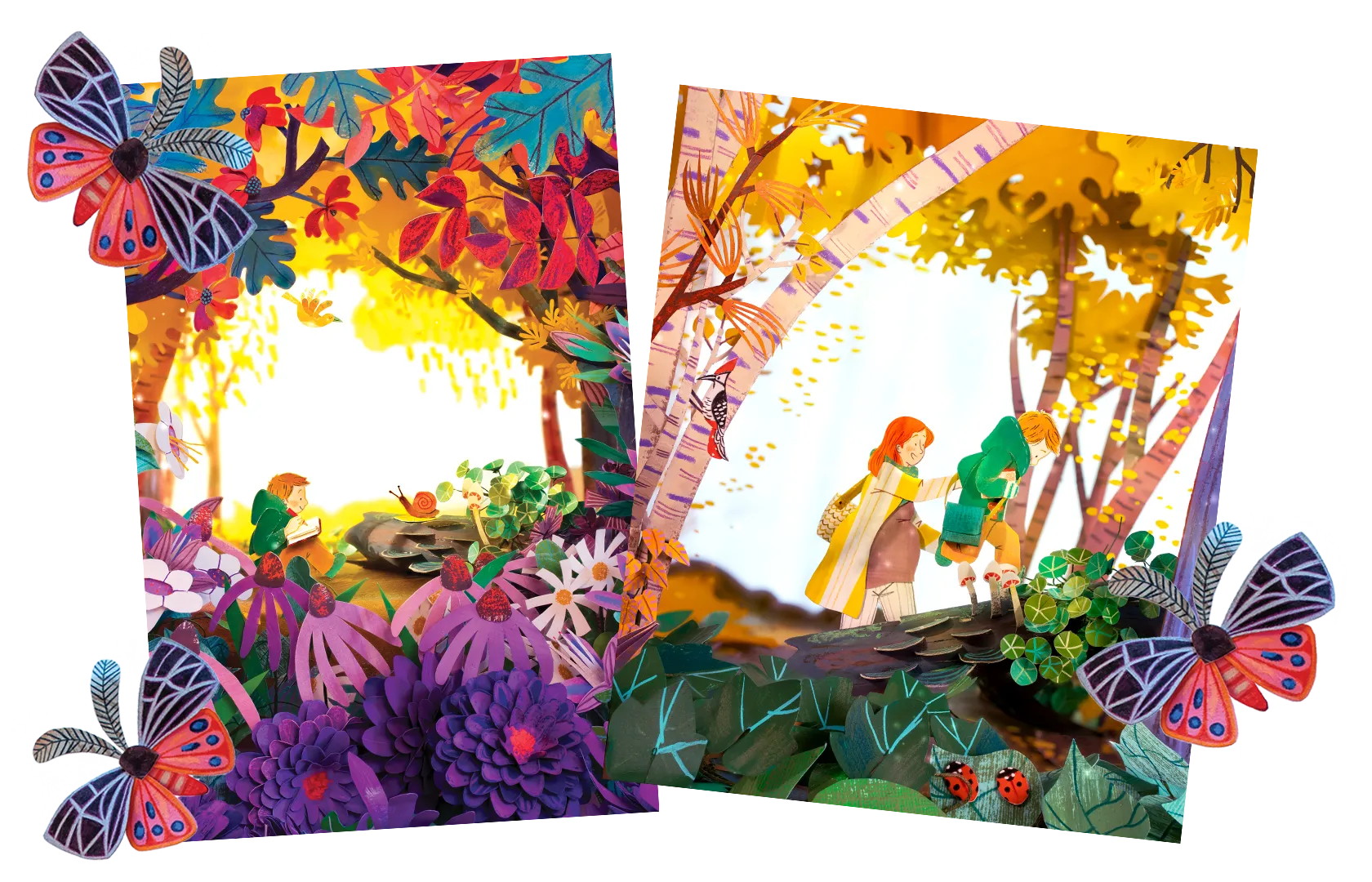 Handcrafted forest diorama featuring rich autumn foliage, oversized flowers, and butterflies, with one panel showing a child observing a snail and another of a mother helping her child cross a log.