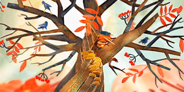 Illustration of a stylized tree with vibrant red leaves, mushrooms growing on the trunk, and small blue birds perched among the branches.
