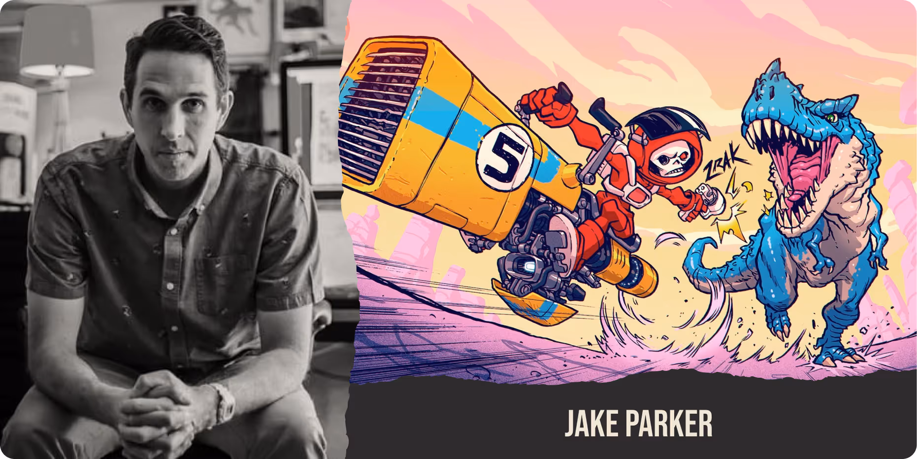 Portrait of illustrator Jake Parker in black and white, paired with a vibrant action-packed illustration of a skeleton racer on a jet bike battling a roaring blue dinosaur in a sci-fi desert landscape.