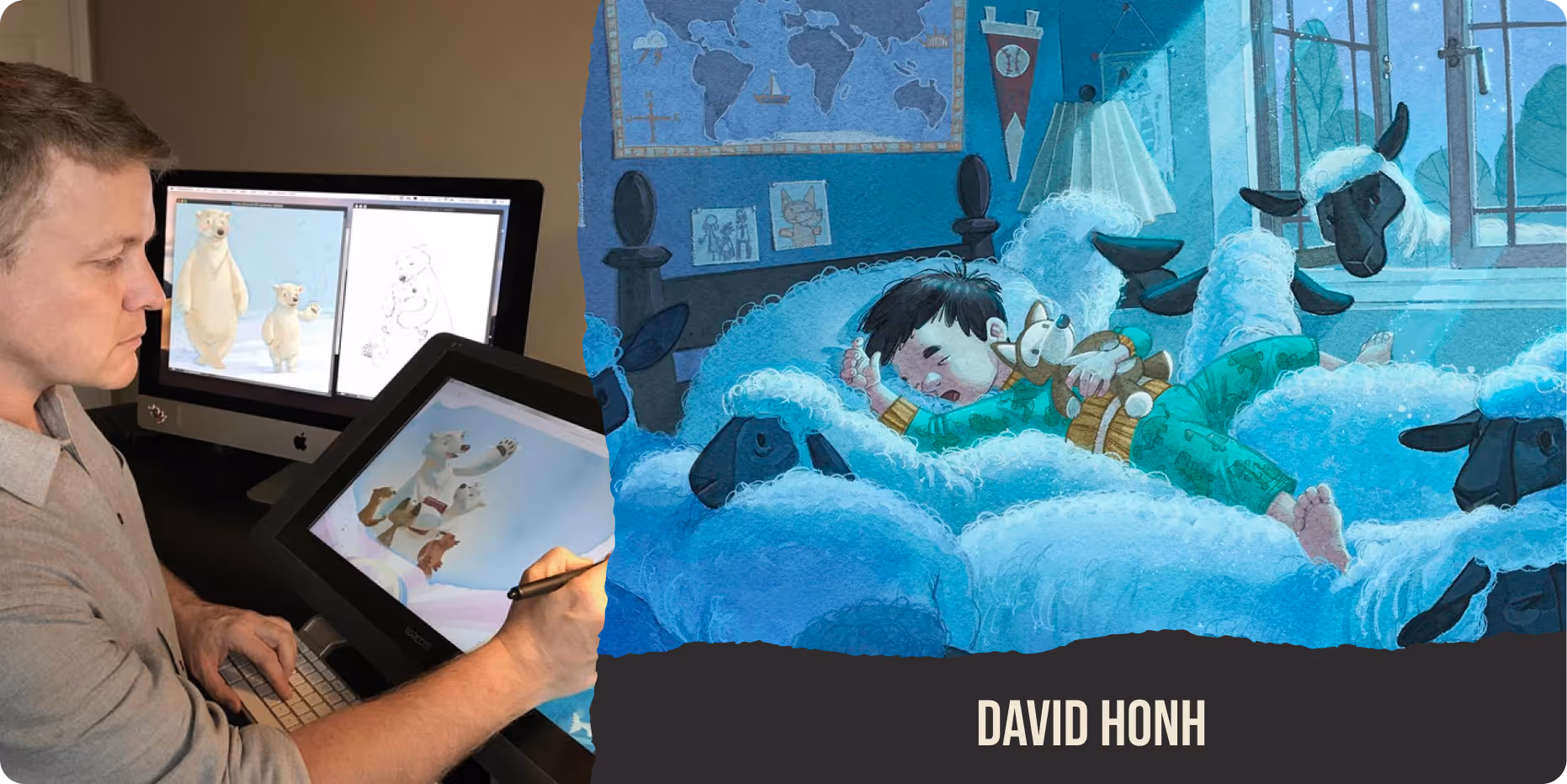Illustrator David Hohn drawing on a tablet at his desk, with his whimsical illustration of a child dreaming on a cloud-like bed surrounded by floating black sheep.